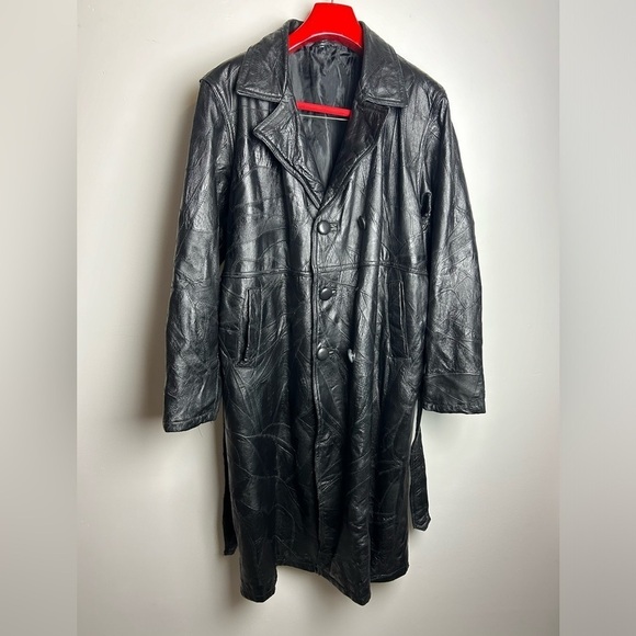 VTG 100% Genuine Leather Black Longline Trench Coat Jacket Motorcycle Equestrian - Picture 1 of 16